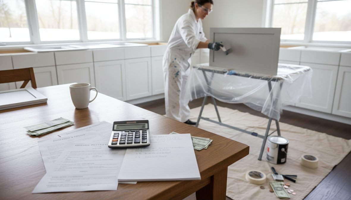 A professional painter in white work clothes carefully applying smooth, even paint to white kitchen cabinet doors in a bright, modern kitchen with natural light coming through a window