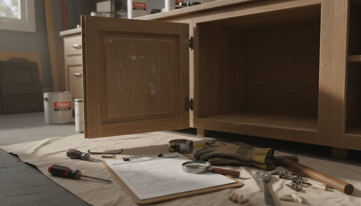 Close-up of a homeowner's hands inspecting the corner joint of a kitchen cabinet door, checking for signs of water damage, warping, or peeling finish under bright kitchen lighting