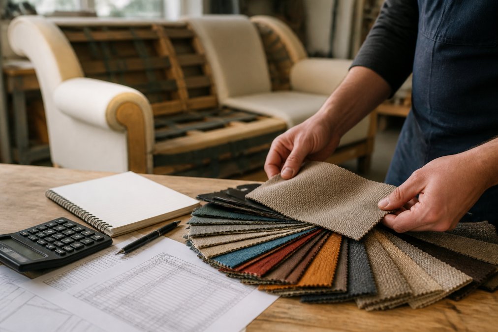 Close-up of a professional upholsterer's hands selecting a fabric swatch from a fan of samples in a bright workshop, with a half-finished sofa frame visible in the background