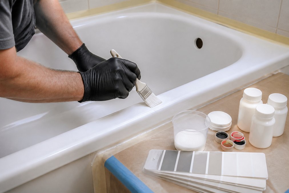 A close-up photograph of a technician's gloved hands carefully applying a specialist finishing coat to a white bath surface, with colour-matching tools and materials visible nearby in a bright bathroom setting