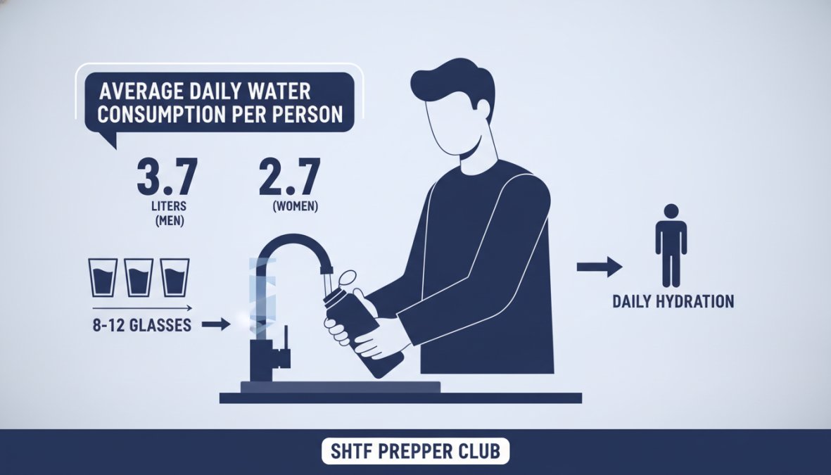 Professional illustration showing how much water per person daily