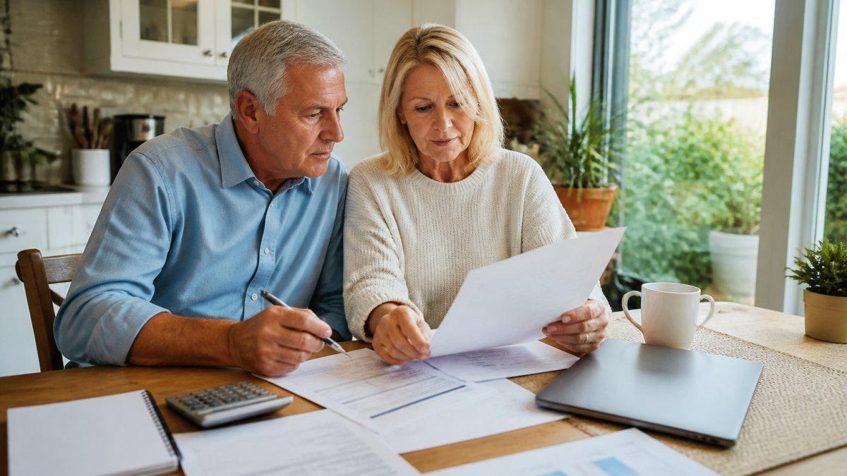 A retired couple in their mid-60s reviewing annuity paperwork and a calculator at a kitchen table, with a laptop showing a payout estimate nearby