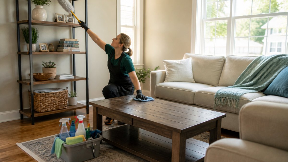 A professional cleaner in a bright living room dusting a tall bookshelf and wiping down a wooden coffee table, caddy of supplies on the floor beside her, afternoon light through the windows