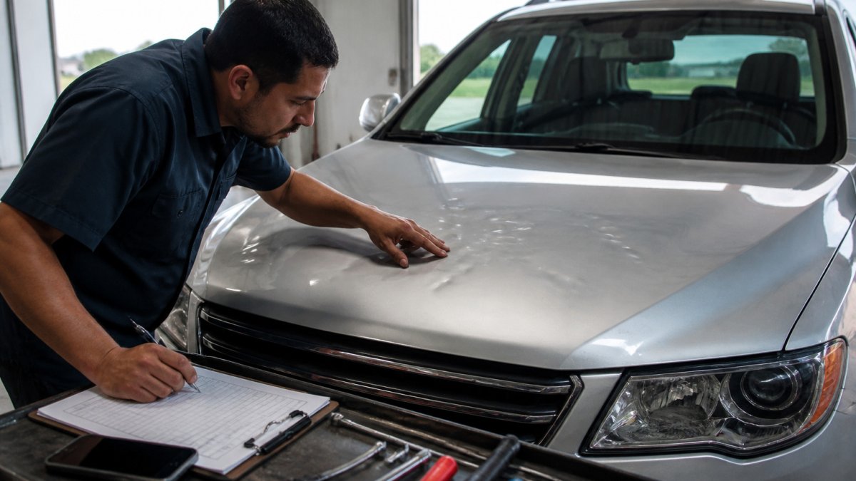 Technician inspecting dents on a silver SUV hood to document multiple hail claims for insurance.