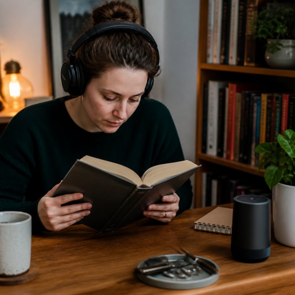 Person wearing headphones while reading a book at a wooden desk under warm lamp light