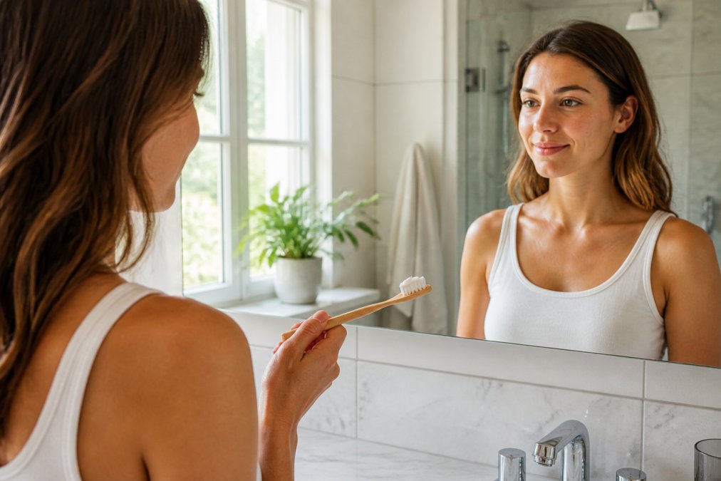 A person in a bright bathroom holding a toothbrush with a pea-sized amount of white toothpaste, looking in the mirror with a relaxed expression, natural light coming through a window, clean modern bathroom setting