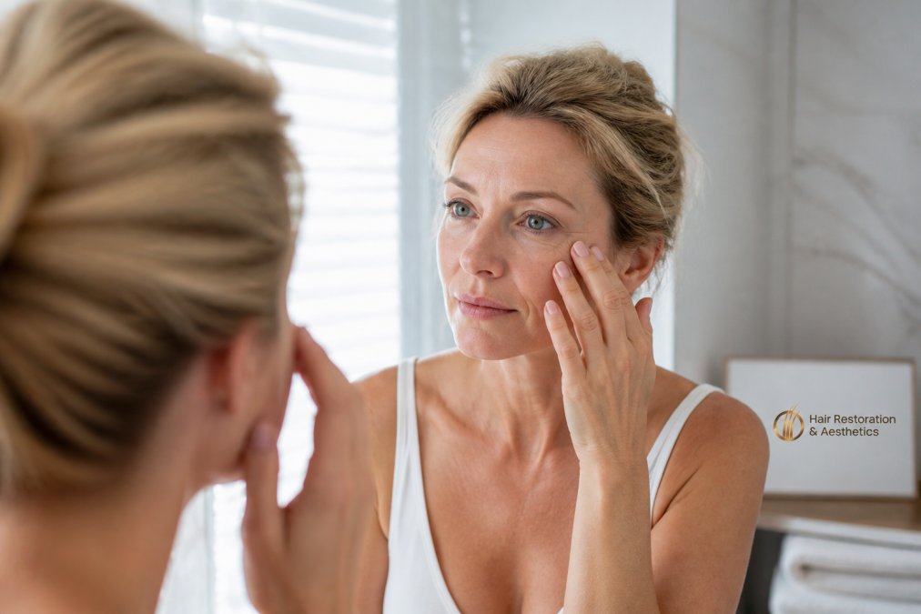 Woman in her forties examining fine lines in a mirror while considering how neurotoxins work for wrinkles