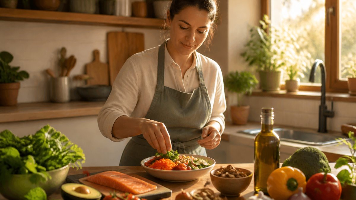 Person preparing a colorful meal with fresh vegetables, fatty fish, nuts, and olive oil on a bright kitchen counter, demonstrating whole-food nutrient sources