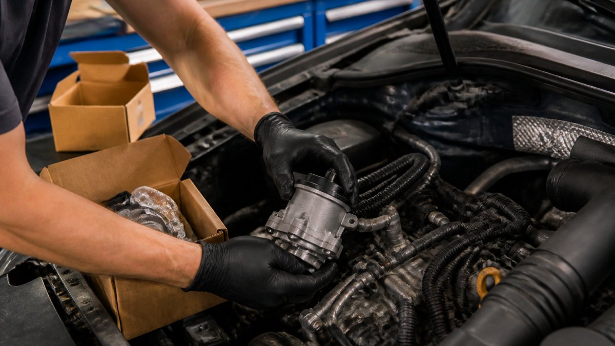 Mechanic installing a new engine component near OEM packaging on a workbench
