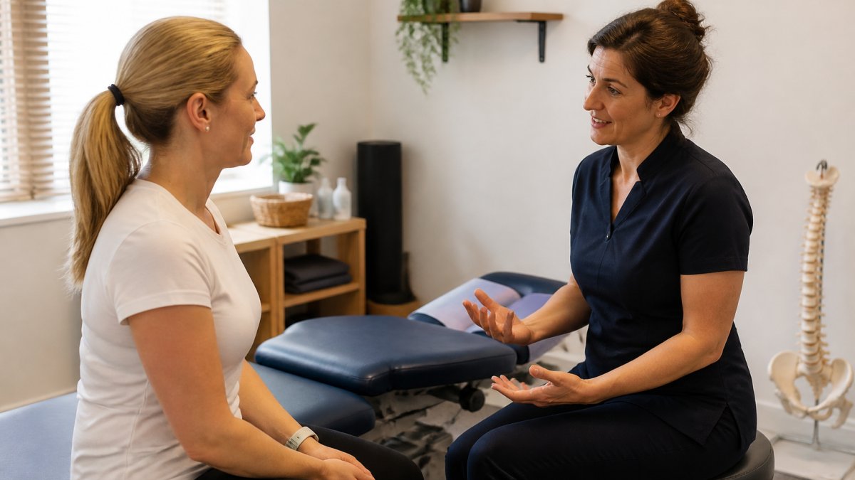 Patient seated in a chiropractic treatment room during consultation with practitioner, showing clinical setting with examination table and professional care environment with natural lighting