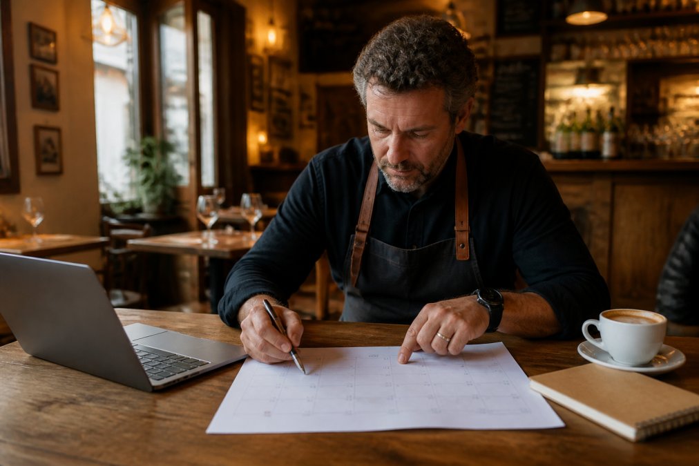 A bistro owner reviewing a paper events calendar spread on a wooden table, with a laptop, notepad, and coffee cup nearby in a cosy restaurant setting with warm ambient lighting