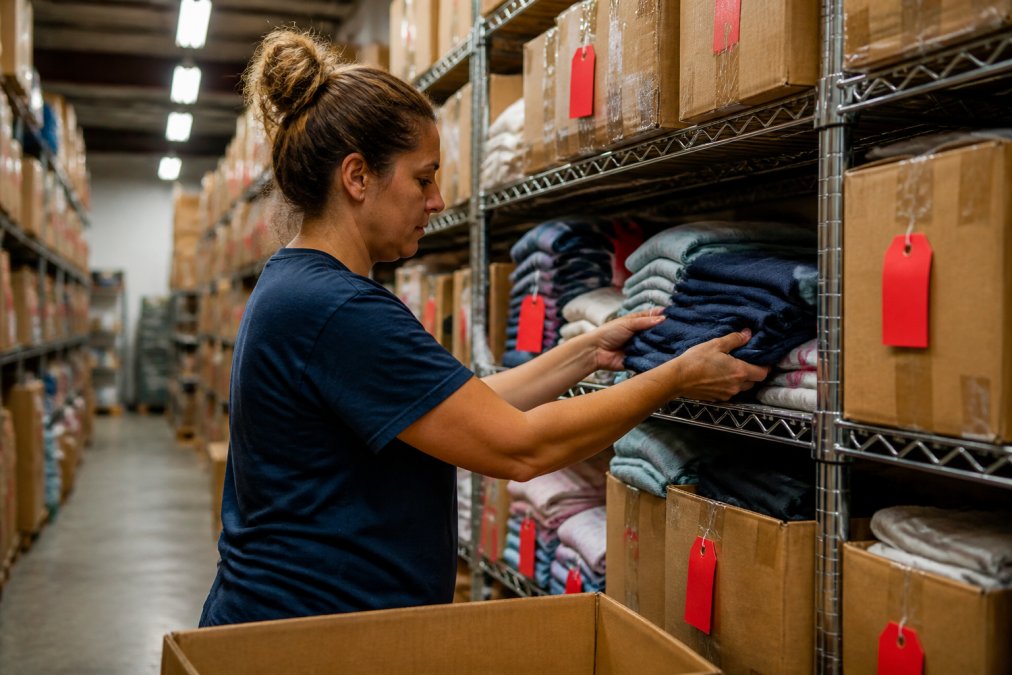 Retail worker in stockroom organizing merchandise on metal shelves with clearance tags visible on boxes and folded items, bright overhead fluorescent lighting illuminating rows of inventory