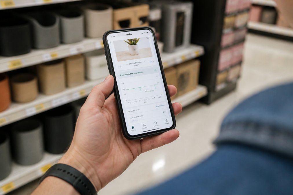 Close-up of customer's hand holding smartphone displaying retail store app with clearance inventory status and price history, blurred in-store shelving visible in background with warm lighting