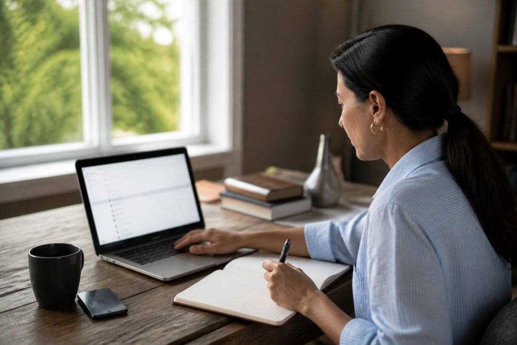 Person at desk reviewing personal information on laptop screen with notebook and pen, focused on managing digital privacy