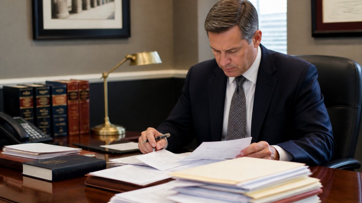Criminal defense attorney reviewing case files to determine how often a DUI case gets dismissed.