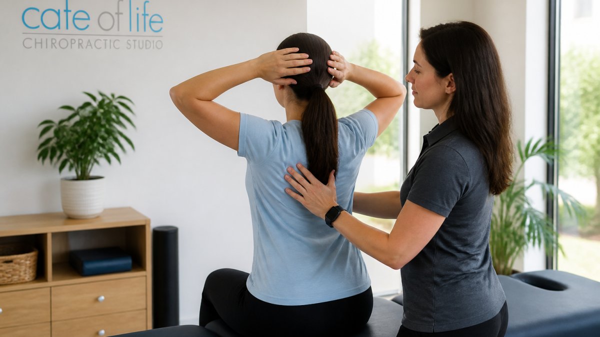 Professional demonstrating how often for posture correction technique in modern clinical setting with natural lighting