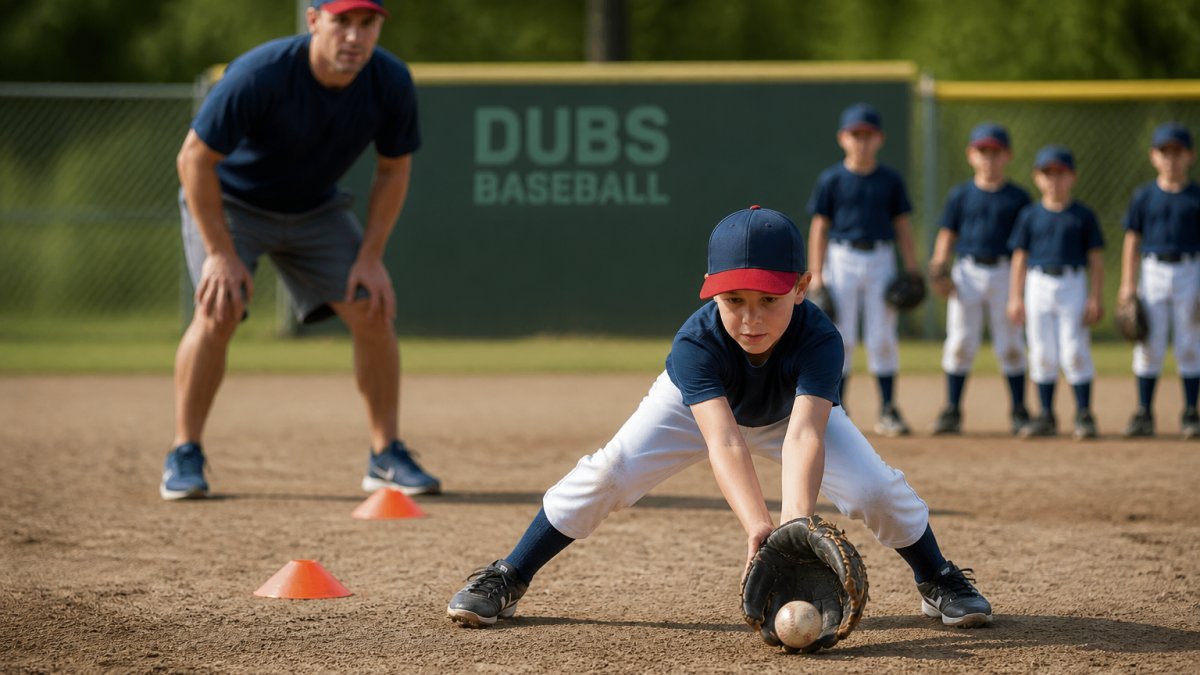 Nine-year-old baseball player fielding ground balls during a team practice while a coach watches nearby.