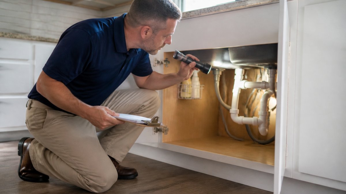 A professional home watch inspector in a polo shirt holding a clipboard and flashlight, examining the underside of a kitchen sink for leaks in a bright, clean home