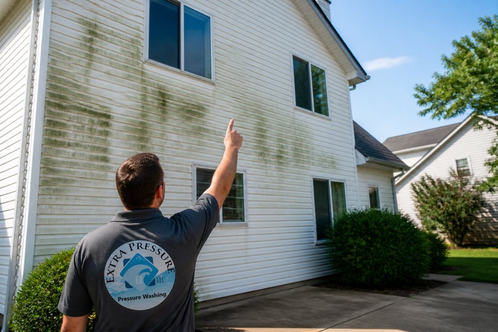 Homeowner pointing at green algae and mold on vinyl siding that needs to be soft washed