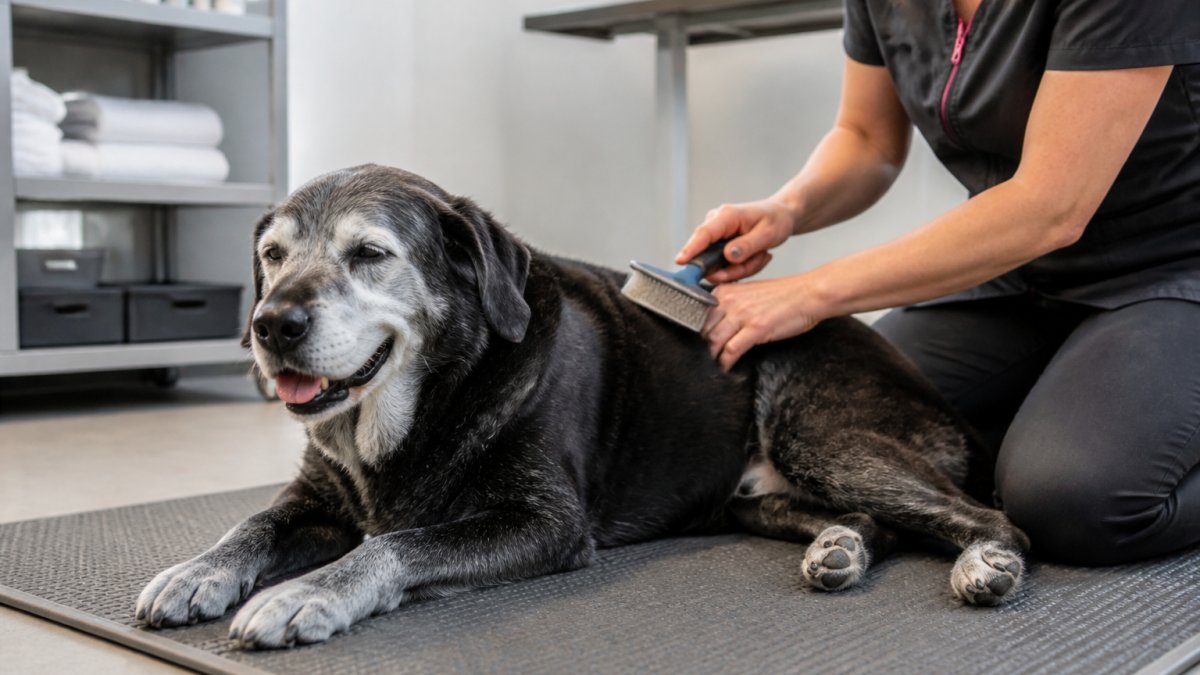 A calm older dog with a graying muzzle resting on a soft non-slip mat while a gentle groomer brushes its coat with a soft slicker brush in a bright, quiet grooming room