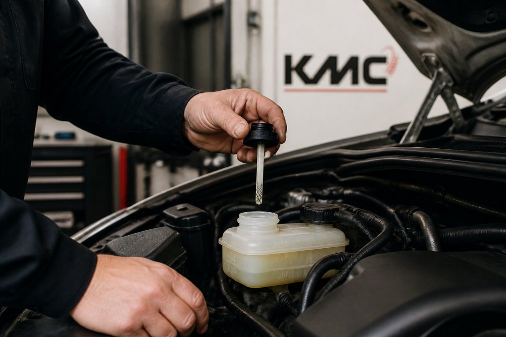 Close-up of a mechanic's hands opening a car bonnet and locating the brake fluid reservoir with the dipstick visible, showing the min and max markings clearly