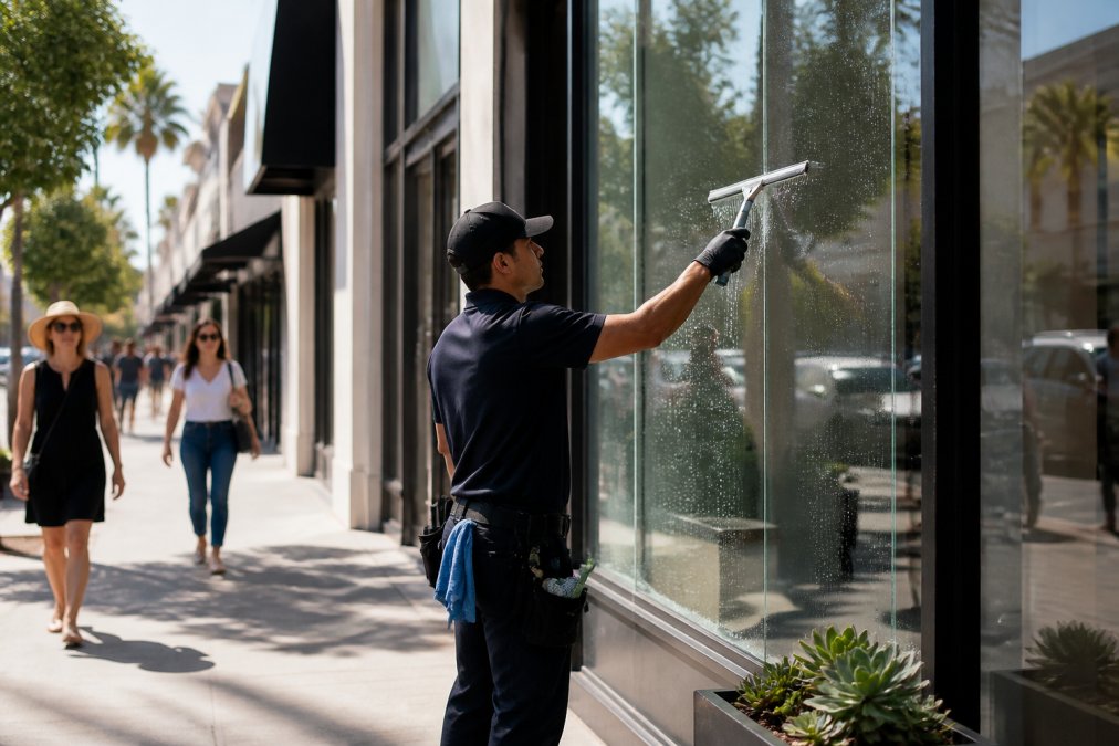 Professional window cleaner using a squeegee on a sunny storefront, illustrating how often should business windows be cleaned
