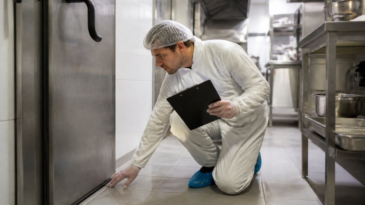 A pest control technician in a clean uniform inspecting the sealed door and floor edge of a commercial kitchen, clipboard in hand, stainless steel surfaces visible