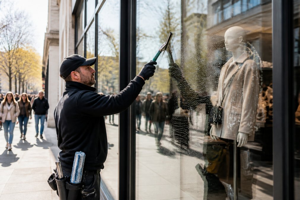 A professional window cleaner using a squeegee on a large glass storefront, with a busy sidewalk and retail displays visible behind the clean glass