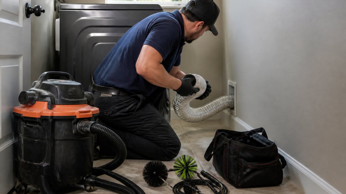 Homeowner inspecting a dryer vent hose with cleaning tools to determine how often should dryer vents be cleaned