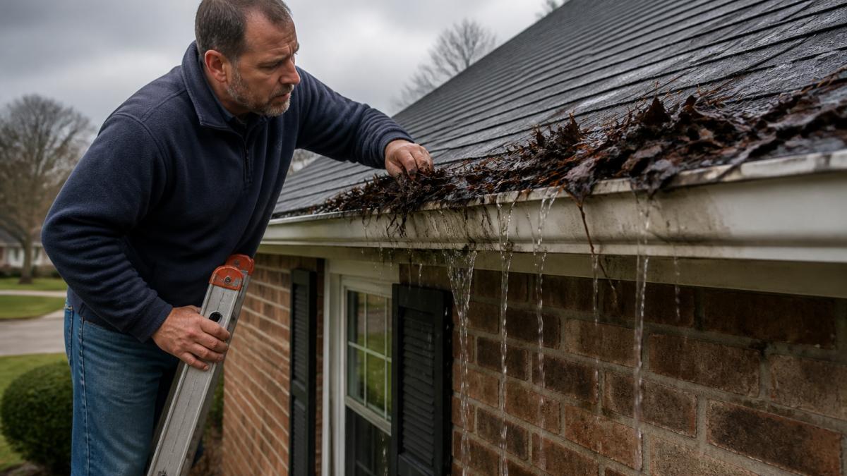 Homeowner on a ladder checking gutters overflowing with leaves to learn how often should gutters be cleaned.