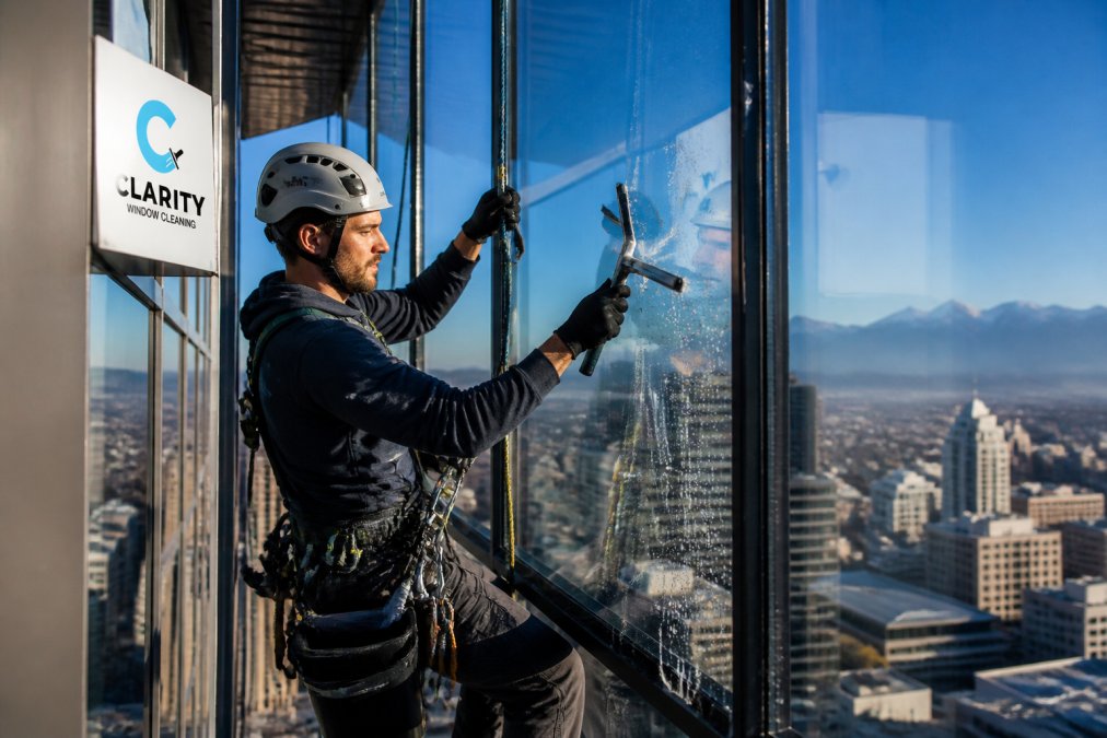 A professional window cleaner in a safety harness using a squeegee on a large glass pane of a high-rise tower, city skyline reflected in the glass, bright morning light