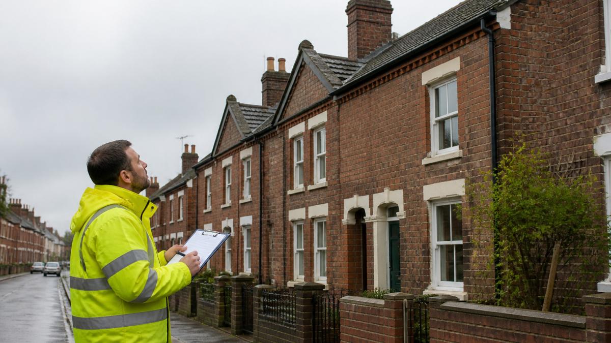 Landlord in a high-visibility jacket inspecting a terraced house roof for essential roof maintenance