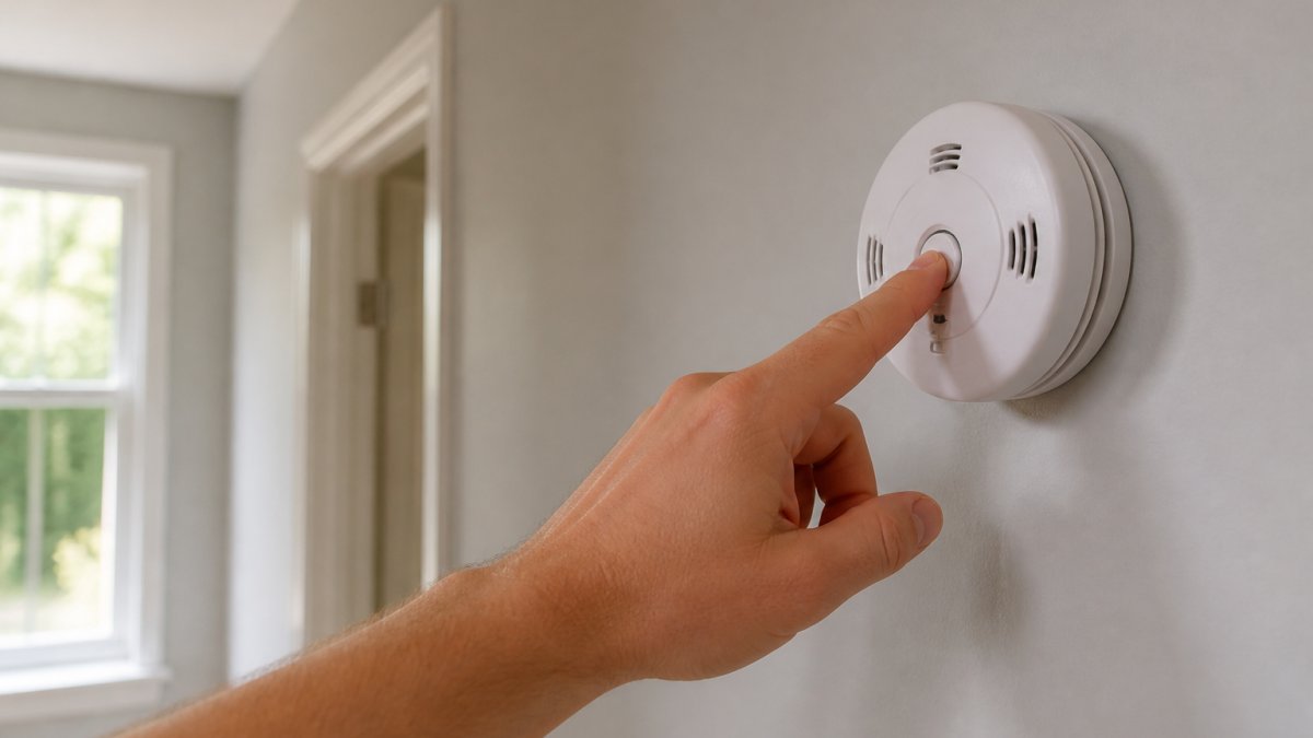 A person pressing the test button on a wall-mounted carbon monoxide alarm before the time to replace CO alarms.