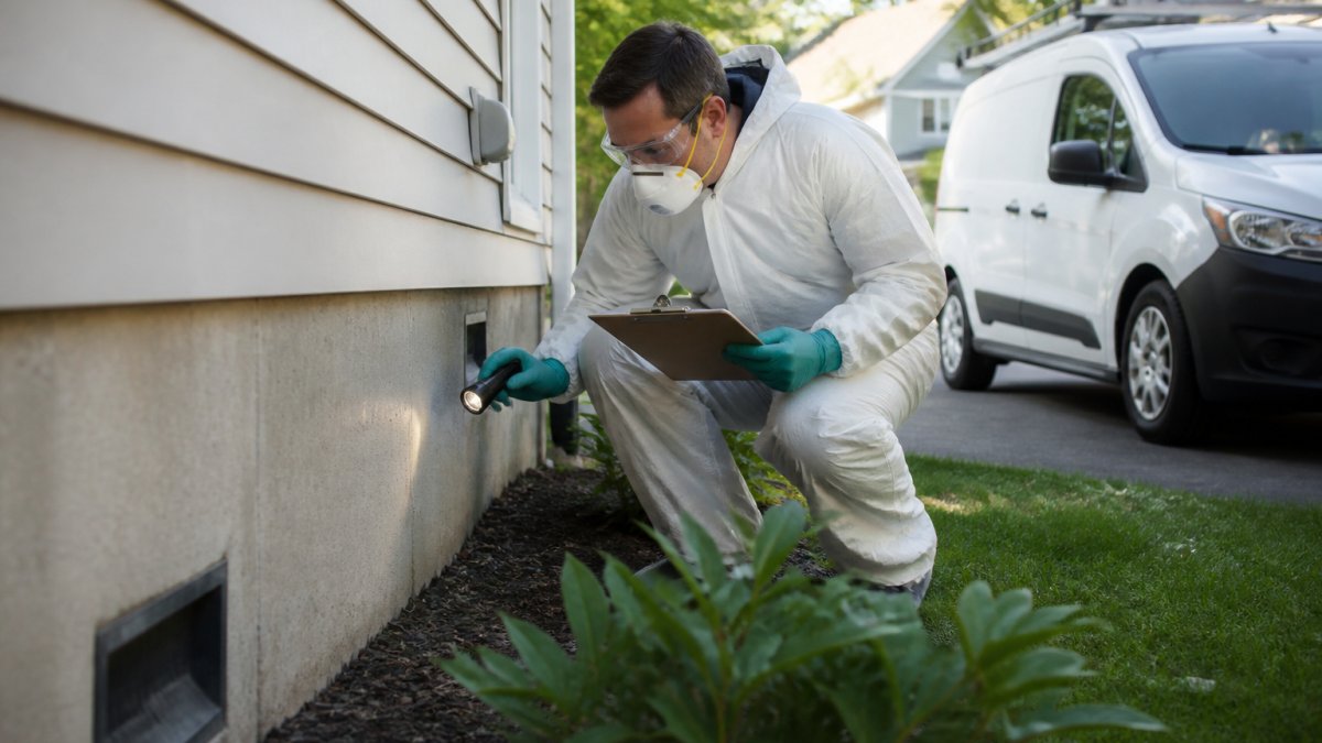 Pest control technician inspecting a suburban home foundation with a clipboard and flashlight