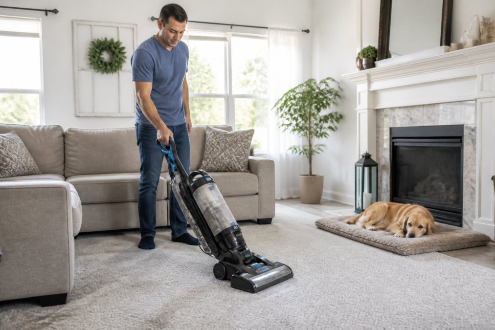 Homeowner vacuuming a living room to determine how often should residential carpets be cleaned in their home.