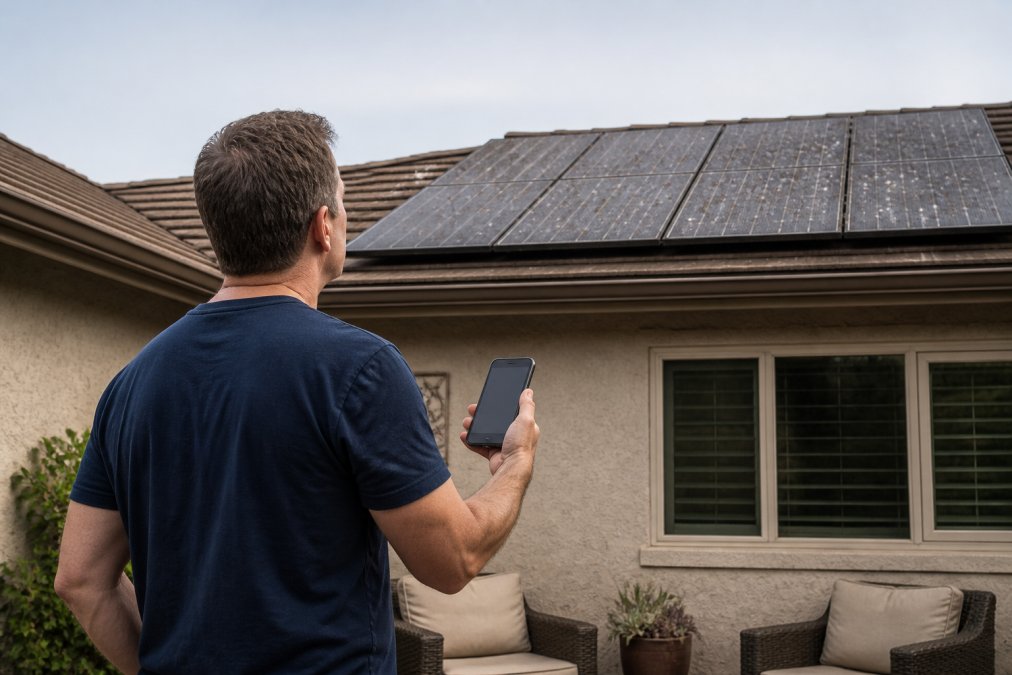 A homeowner standing on a backyard patio, looking up at rooftop solar panels covered in visible dust and bird droppings, holding a smartphone showing an inverter monitoring app with a downward performance trend