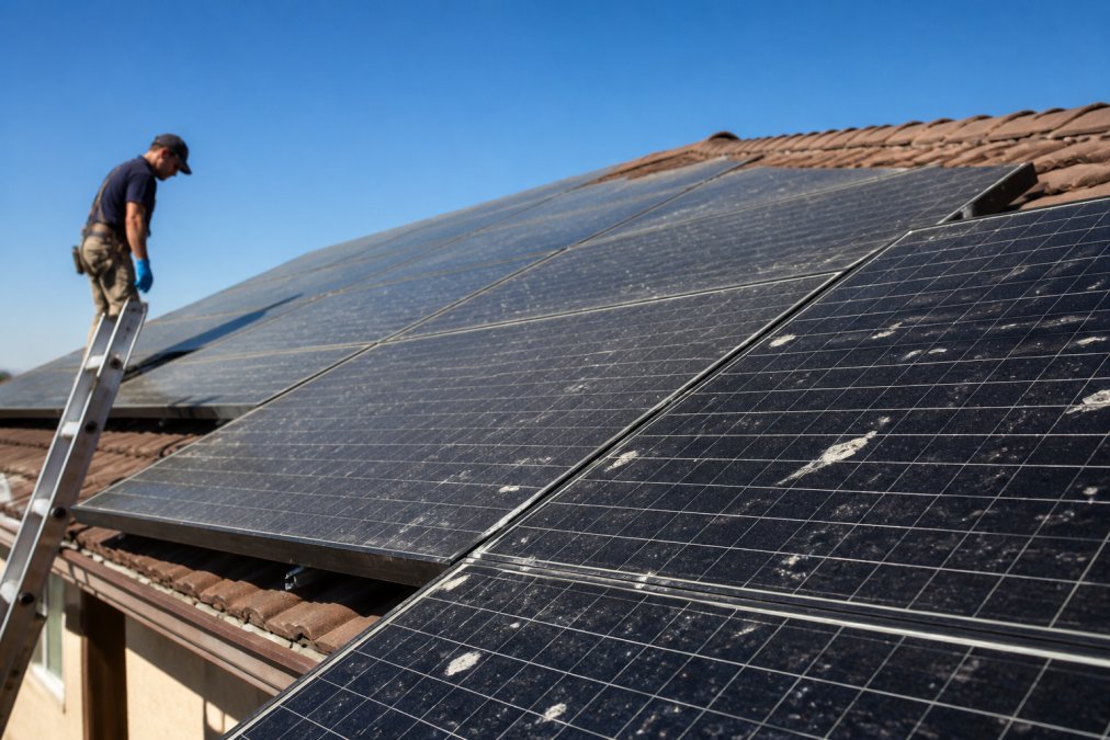 A solar panel array on a residential roof with visible dust and bird droppings on the glass surface, bright daylight, technician inspecting from a ladder in the background