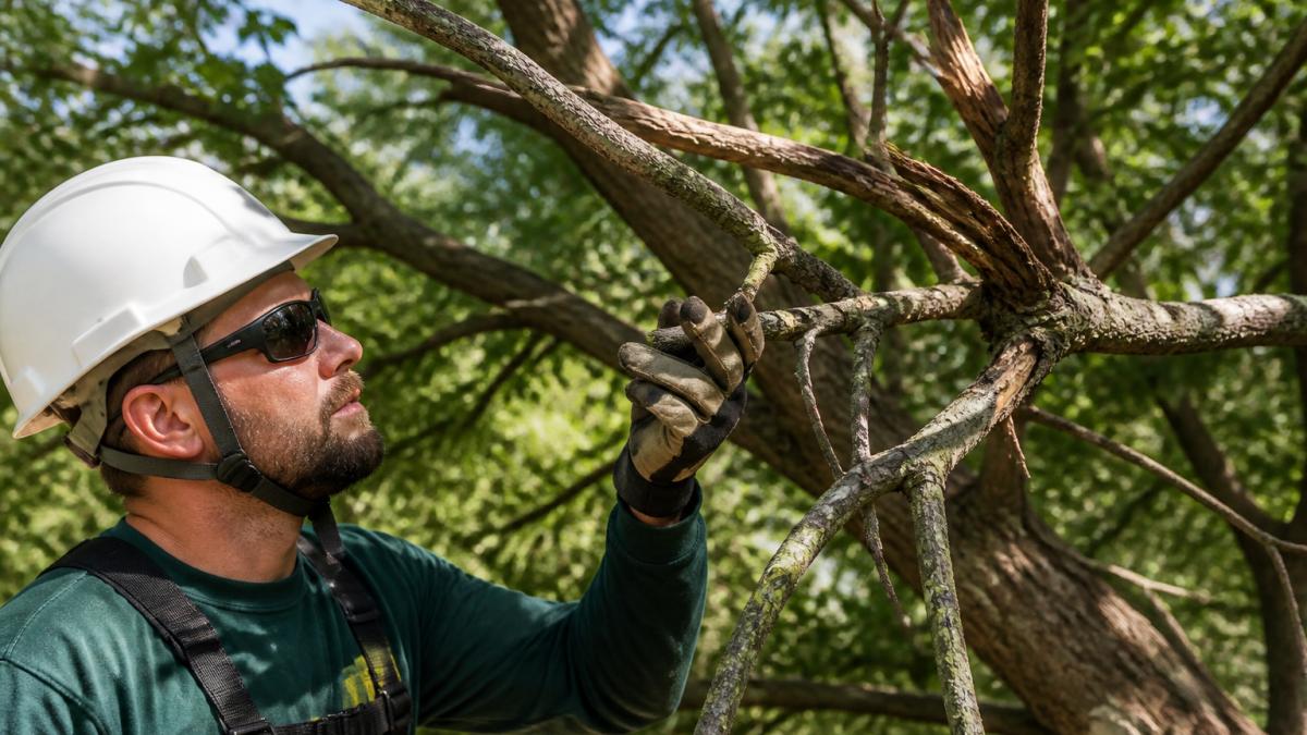 Professional arborist inspecting tree branches showing dead wood and crossing limbs during close-up assessment in natural daylight