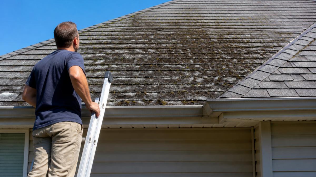 A homeowner standing on a ladder looking at dark algae streaks and moss on an asphalt shingle roof, with a clear blue sky in the background