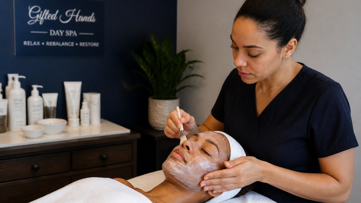 Close-up of an esthetician's hands applying specialized skincare product during a professional facial treatment on a client's face, with soft natural lighting in a spa setting