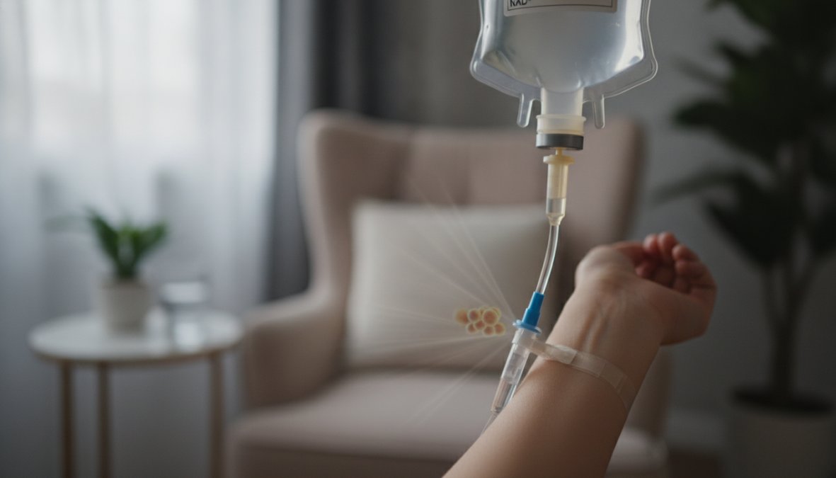 Close-up of a medical professional carefully inserting an IV line into a patient's forearm in a clean, modern clinical wellness suite with soft overhead lighting and white walls