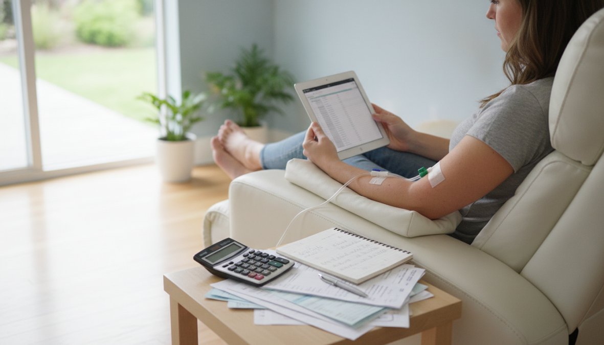 A person sitting comfortably in a wellness clinic recliner chair with an IV drip in their arm, reviewing information on a tablet, bright and airy clinical environment with white furnishings and natural light