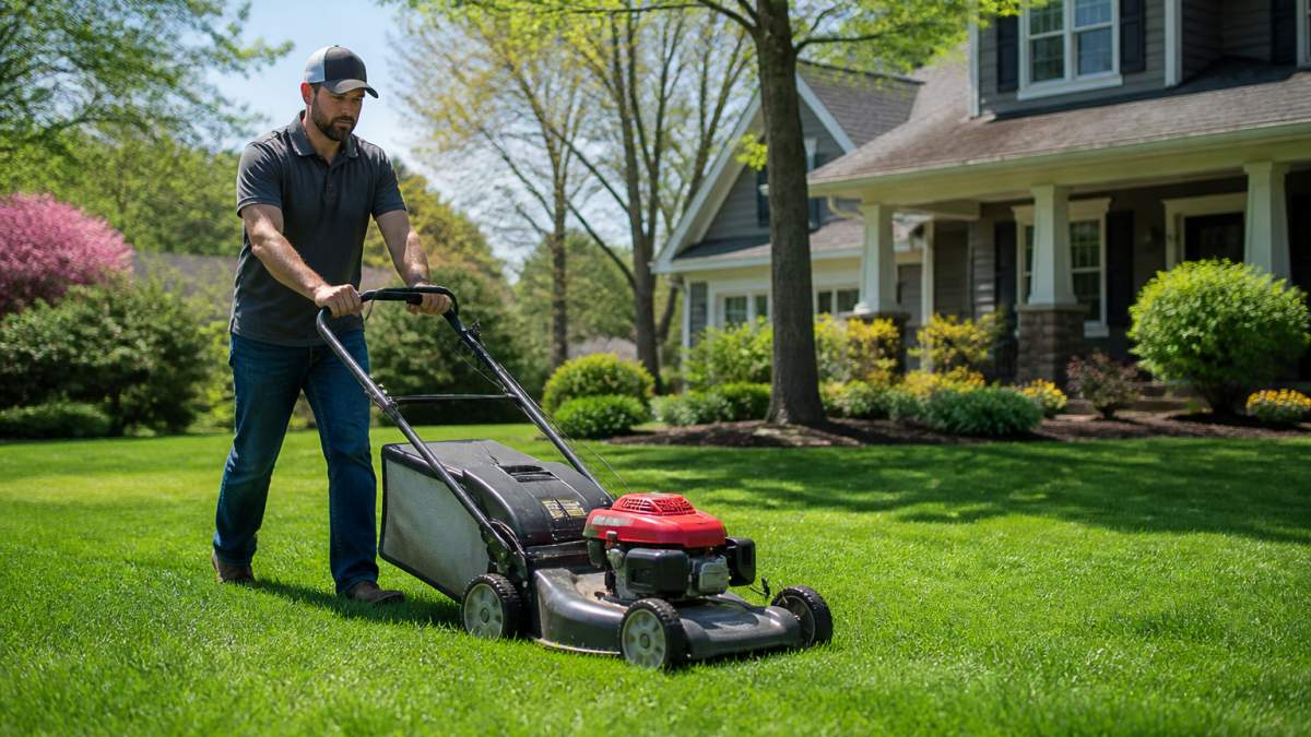 A homeowner using a mower to mow your lawn in a sunny Georgia yard
