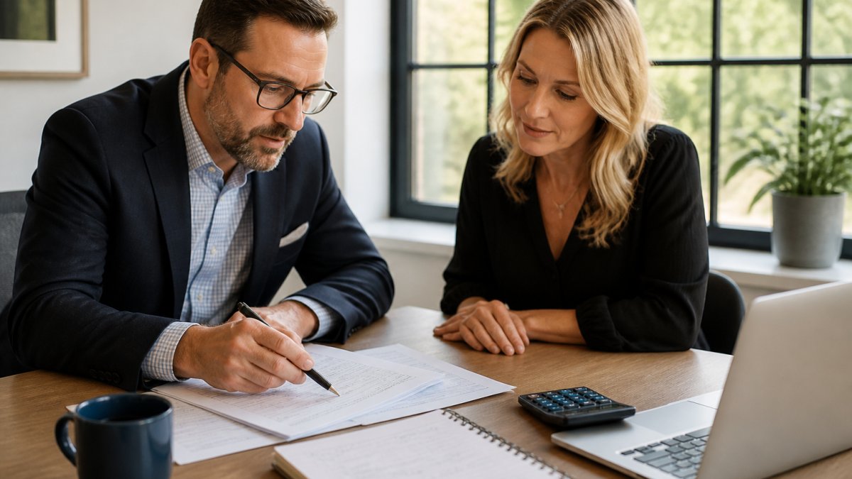 Financial adviser and client reviewing portfolio rebalancing steps and account data on a laptop in a bright office