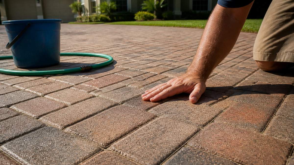 A homeowner's hand pressing on a brick paver driveway with a garden hose and bucket nearby, showing surface texture and joint sand in afternoon sunlight