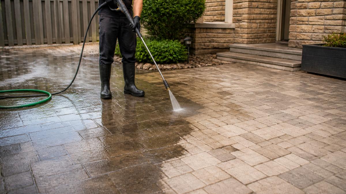Person using a pressure washer to clean dirty concrete patio stones before you seal outdoor pavers