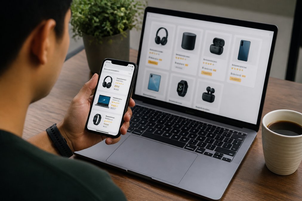 Person checking tech deals on a smartphone while sitting at a desk with a laptop and coffee, showing real shopping interface on screen