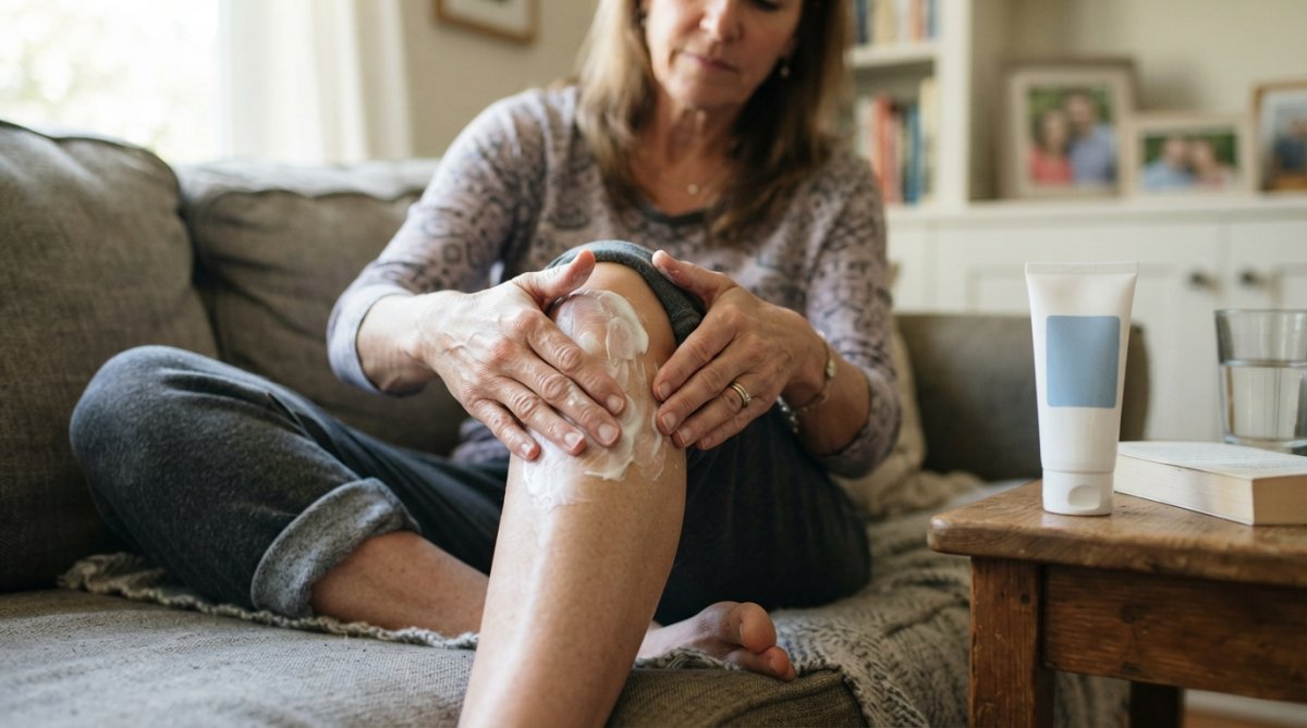 Close-up of a person's hands gently massaging lotion into their knee joint while sitting on a couch at home, with a tube of cream visible on the side table