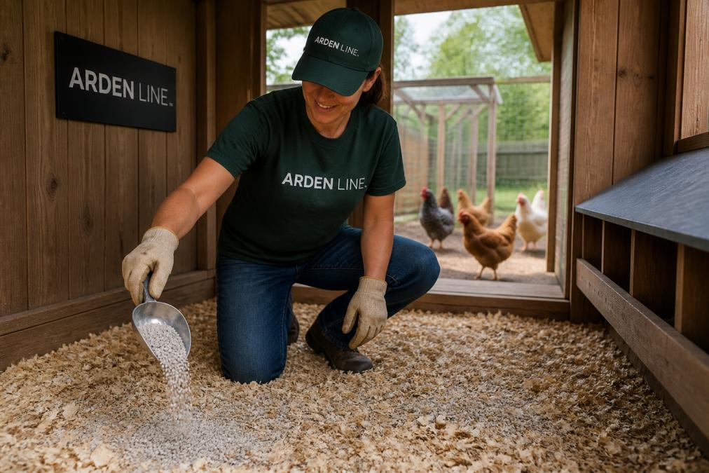 A backyard chicken keeper sprinkles coop odor neutralizer granules over pine shavings inside a wooden coop.