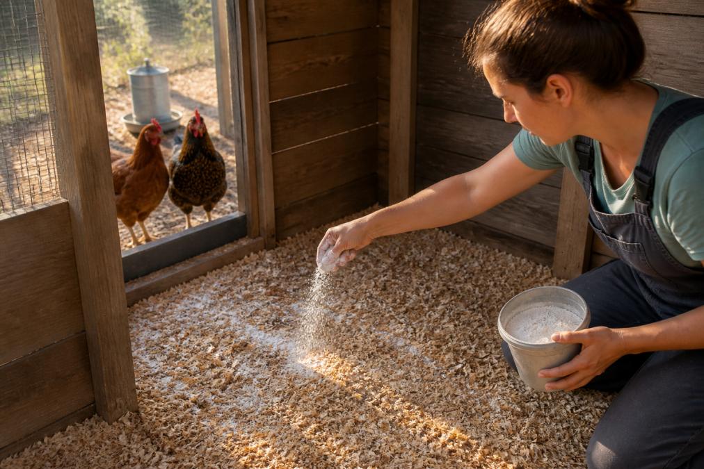 A backyard chicken keeper sprinkling white zeolite powder evenly over fresh pine shavings in a wooden coop while two hens watch from the doorway in warm morning light